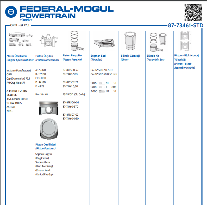 OPEL PİSTON ASTRA J 14NET 0.50 SEGMAN TAŞIYICILI