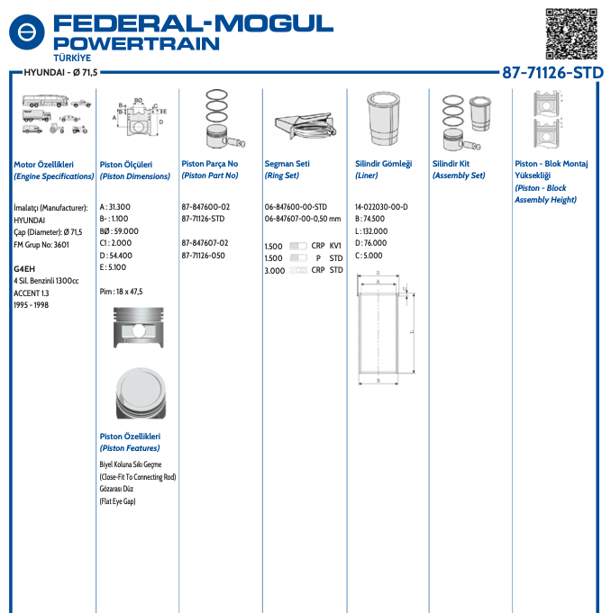 HYUNDAI ACCENT 95>00 1.3 4G13 PİSTON SEGMANLI 71,50 MM