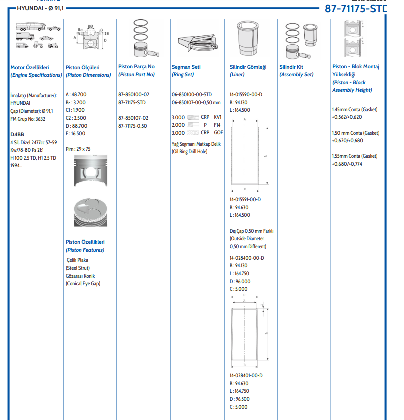 HYUNDAI H100 97>06 MİNİBÜS PİSTON SEGMANLI D4BB  91,10 MM