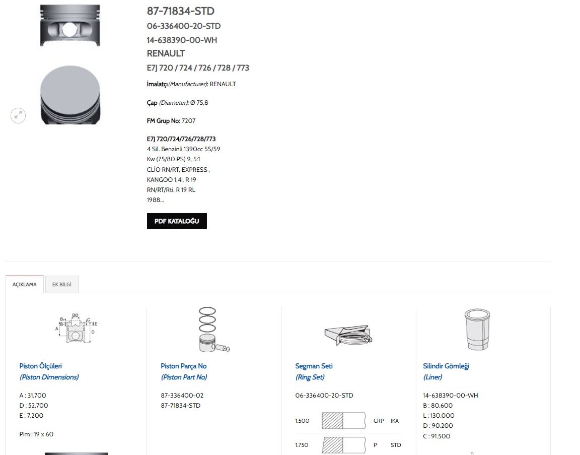 RENAULT MOTOR KİTİ 75,8 MM STD R19 CLİO KANGO 1.4I E7J PİSTON SEGMAN GÖMLEK