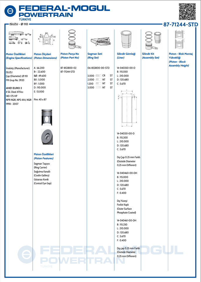 ISUZU PİSTON 110 MM 4HE1 EURO 2