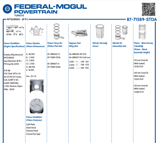 MITSUBISHI PİSTON L300 83-96 E,TİP 91,10 MM