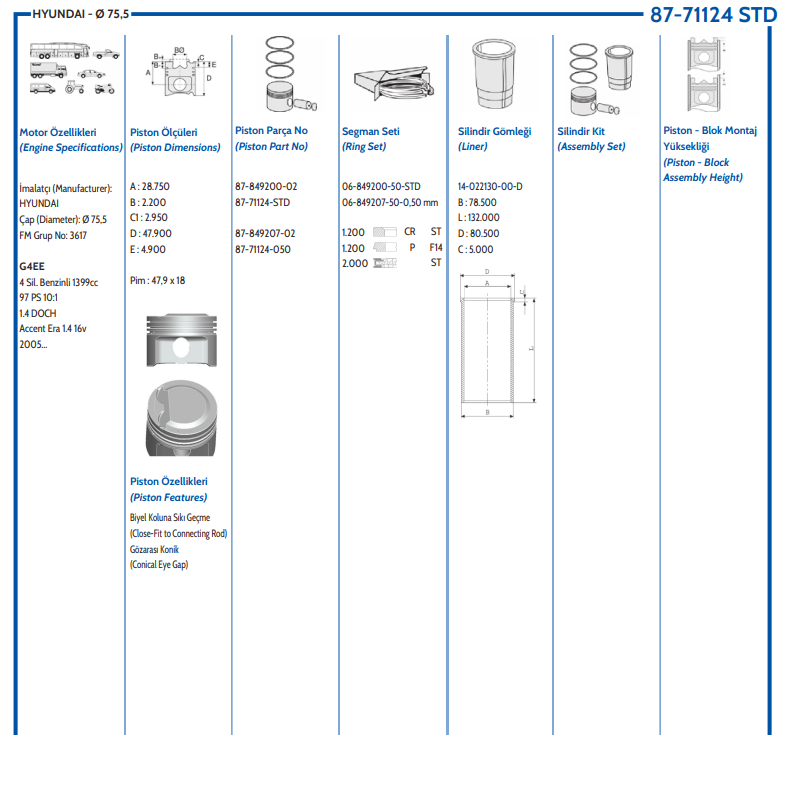HYUNDAI ACCENT ERA 06> GETZ 06>KIA RİO 1.4 06>BENZİNLİ PİSTON SEGMANLI G4EE 75,50 MM
